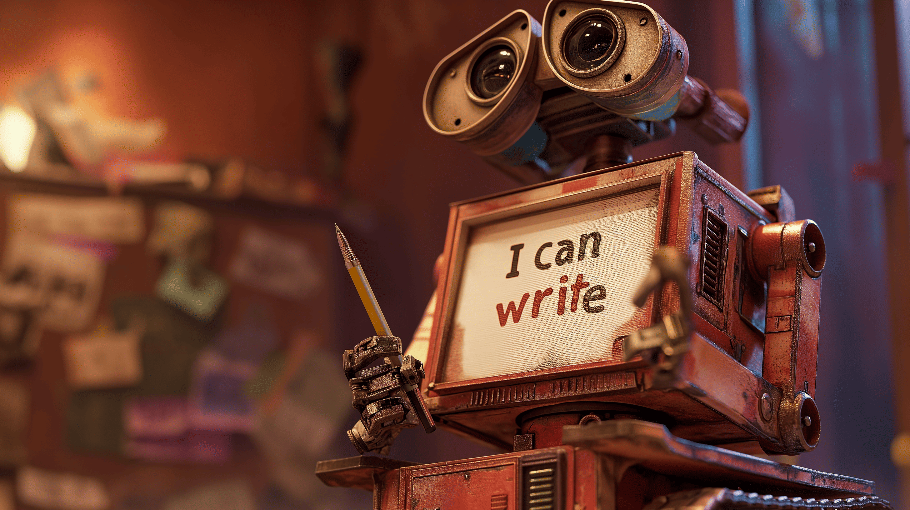 A robot showing its writing skills, generated with Midjourney V6
