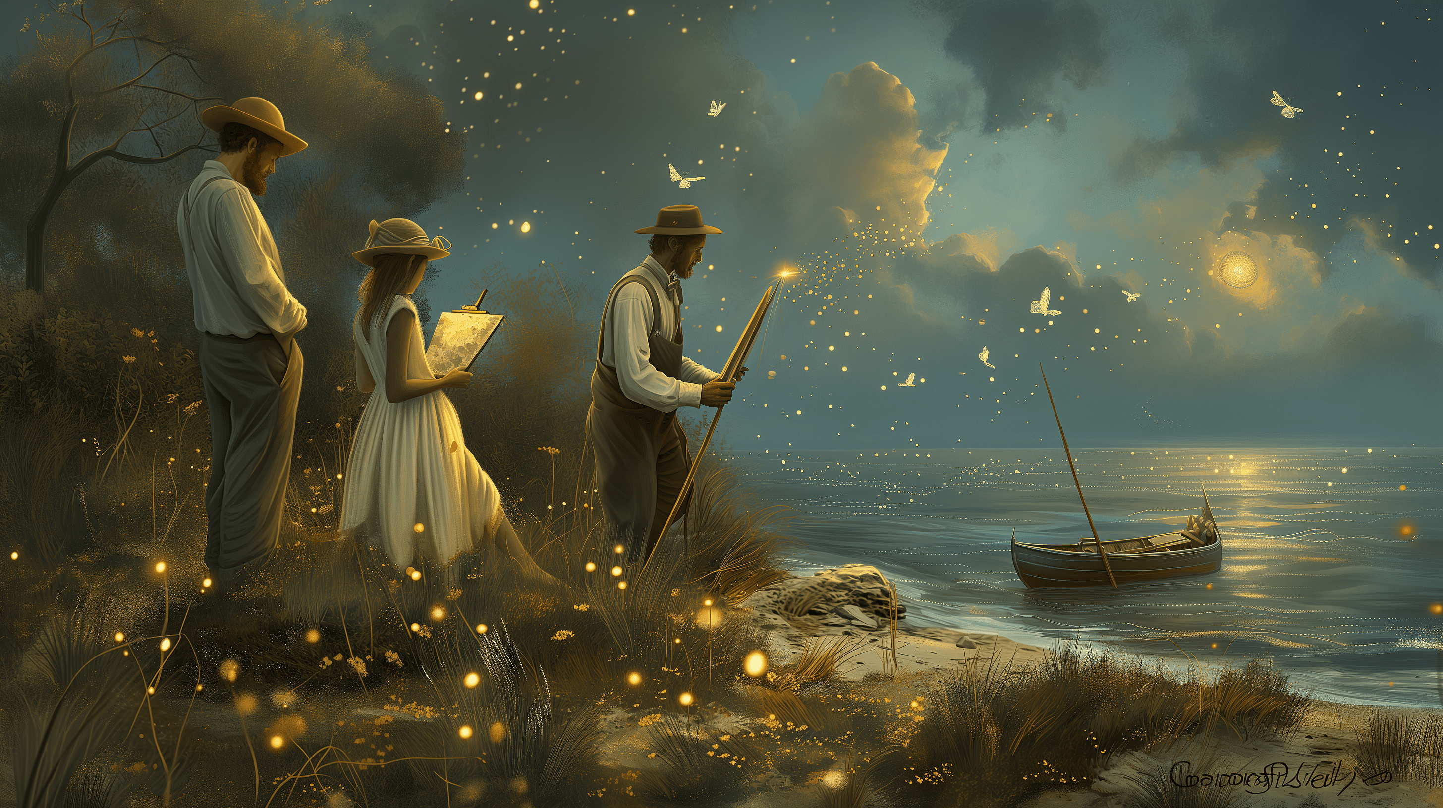 A ship, fireflies, and three painters, generated with Midjourney