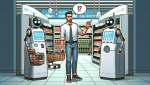 The center of a grocery store where a man is complaining to automated robot, made with DALL-E 3