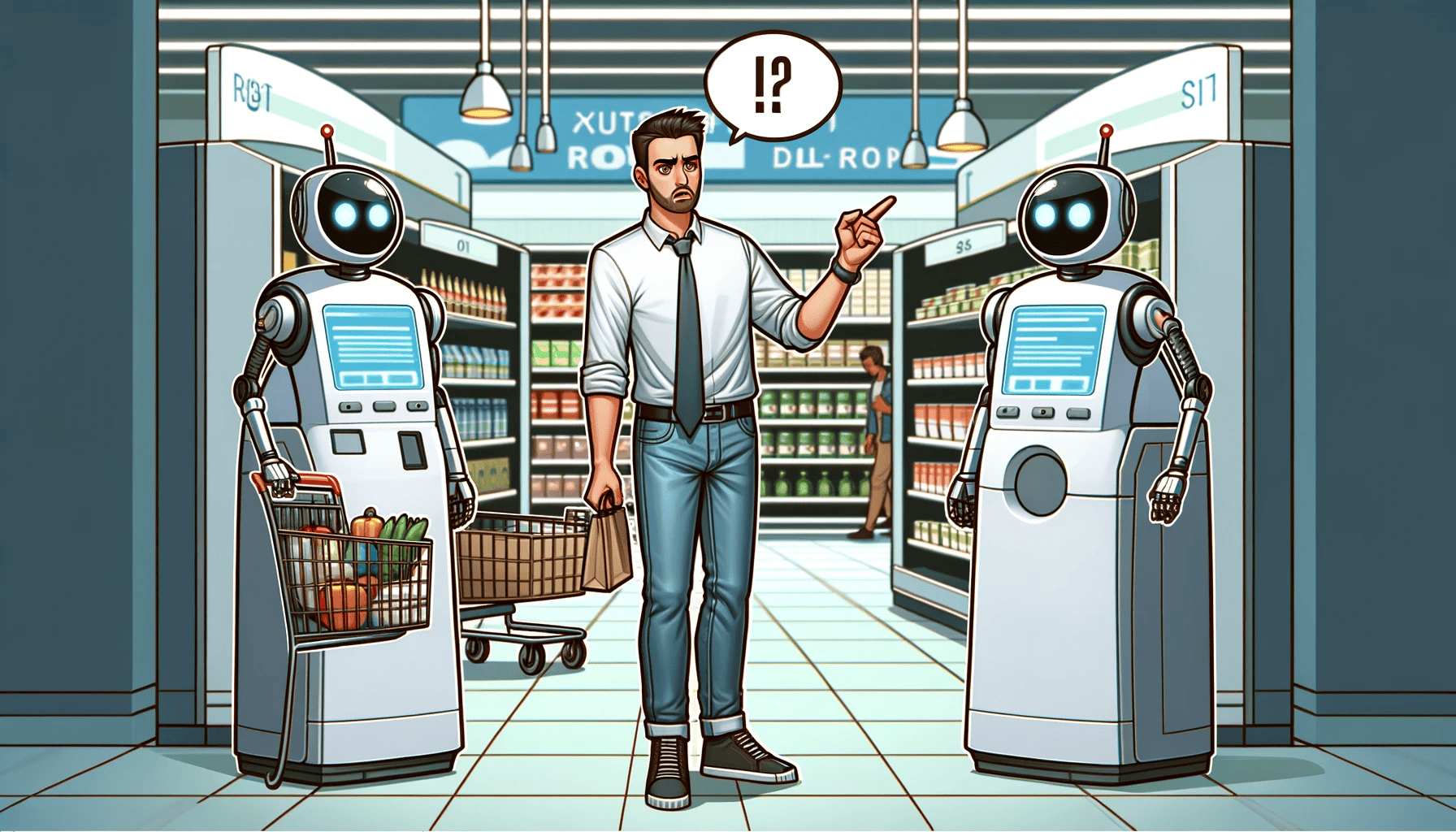 The center of a grocery store where a man is complaining to automated robot, made with DALL-E 3