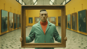 a painter making himself into a logo, generated with Midjourney