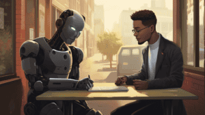 a robot writing for a person, generated with Midjourney
