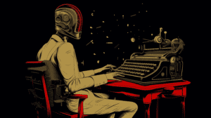 an artificial intelligence on a typewriter, generated with Midjourney