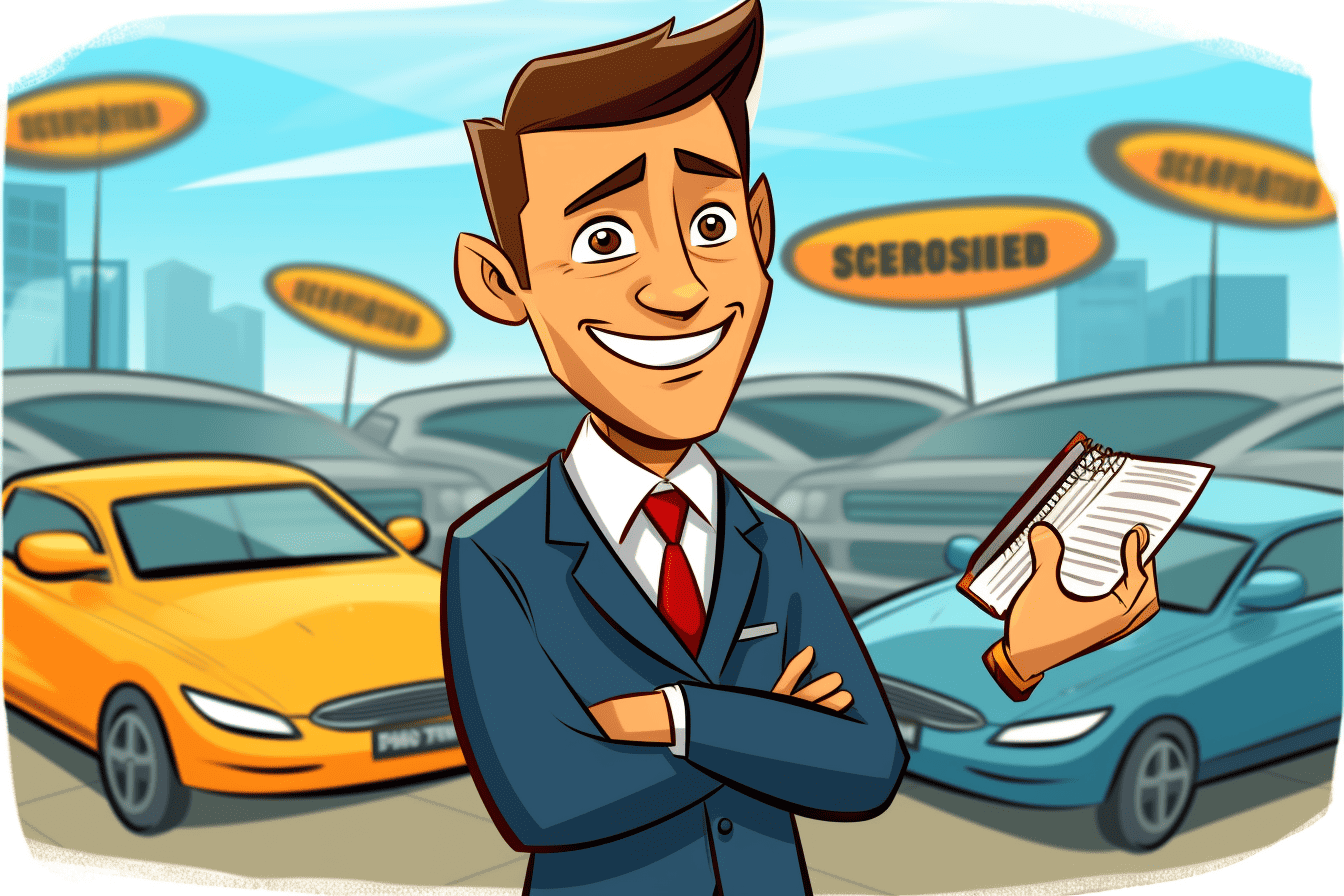 A cartoon mockup photo of Car Dealership Guy, made with Midjourney