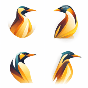 A bunch of gold penguins looking in different directions