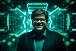 Yann Lecun Smiling in a Cyberspace Photoshoot, made with Midjourney