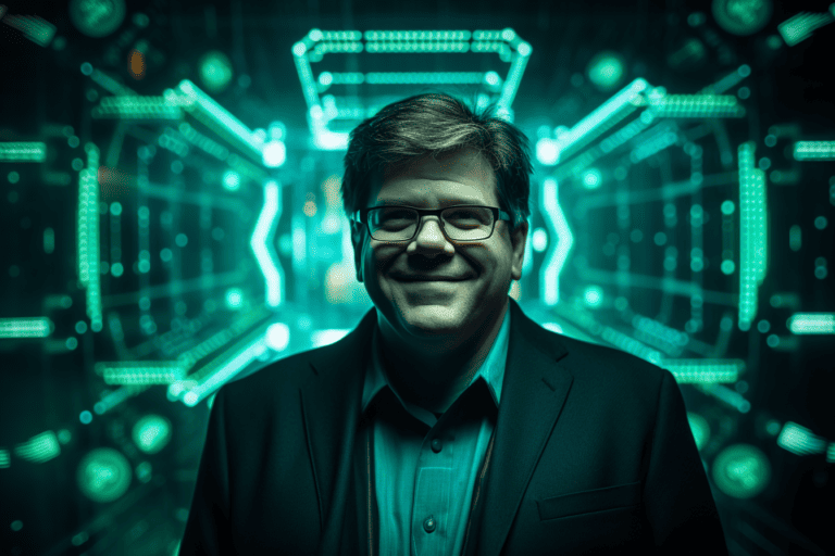 Yann Lecun Smiling in a Cyberspace Photoshoot, made with Midjourney