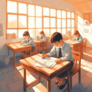 Illustration of school children study in school, simple background, bright coloring