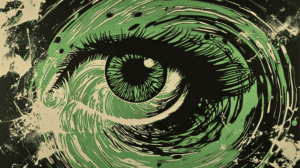 A green eye (symbolizing OpenAI) visualizing its own universe, generated with Midjourney