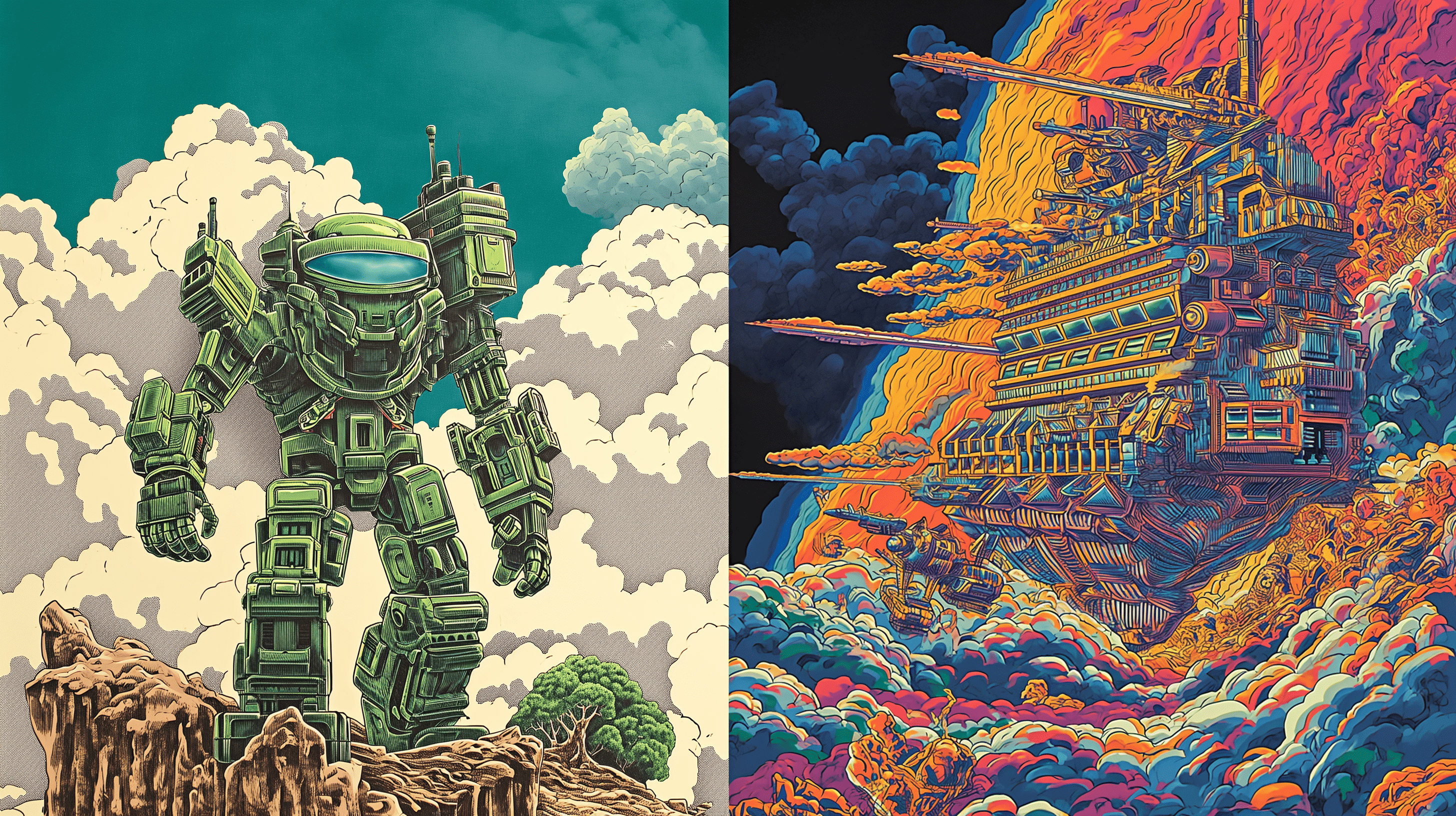 A green robot (symbolizing DALL-E) against a single warship (symbolizing Midjourney) generated with V6