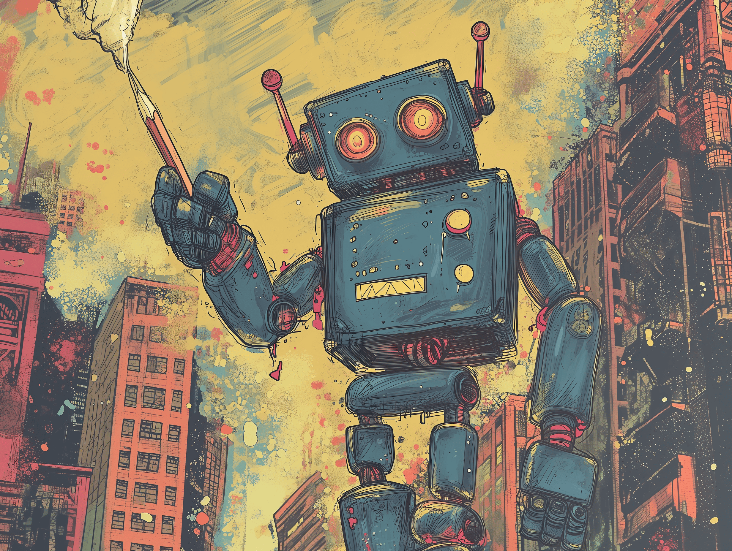 A robot and his pencil against the world, generated with Midjourney