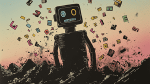 An artificial intelligence rearranging mountains of words, generated with Midjourney
