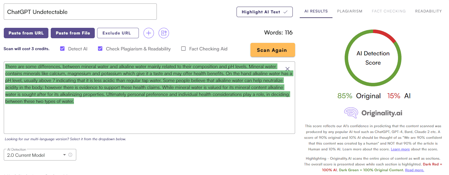 Undetectable AI vs. Originality AI: General Writing Test #1