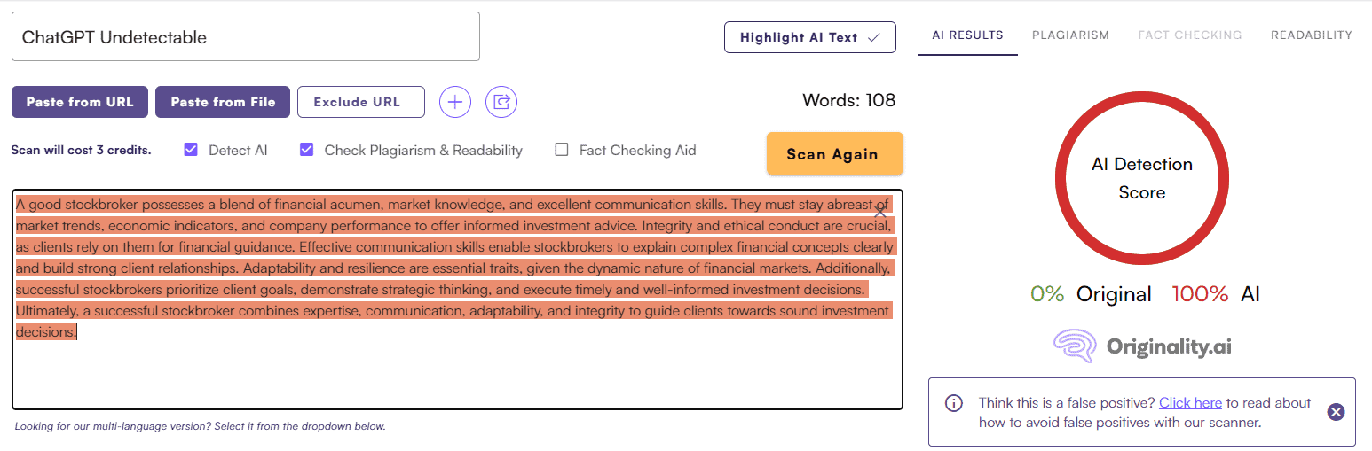 ChatGPT Score vs. Originality AI: General Writing Test #2