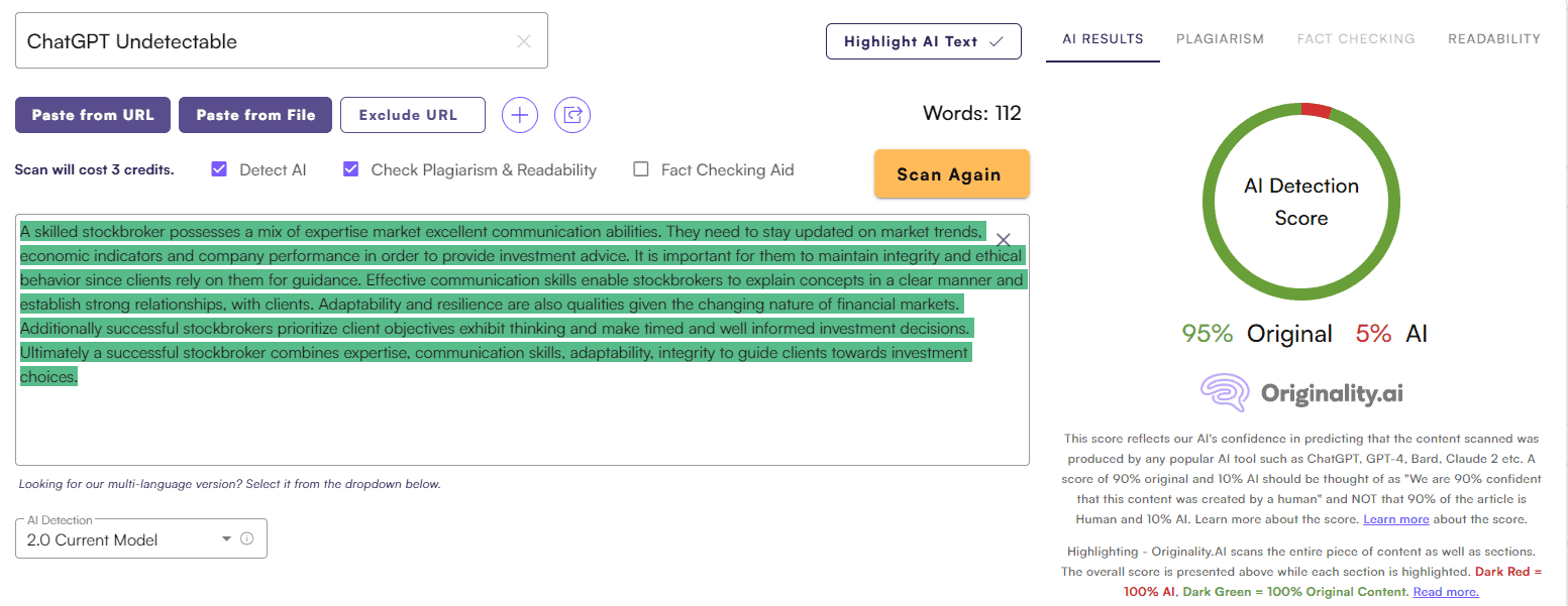 Undetectable AI vs. Originality AI: General Writing Test #2