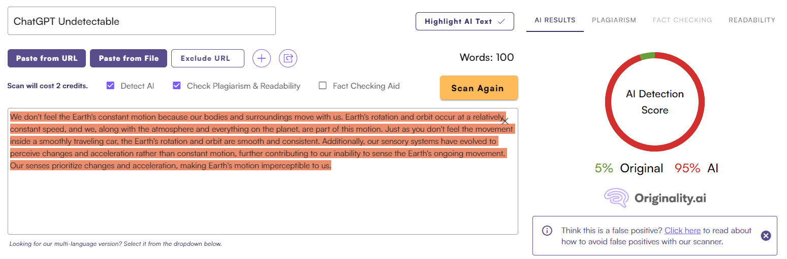 ChatGPT Score vs. Originality AI: General Writing Test #3