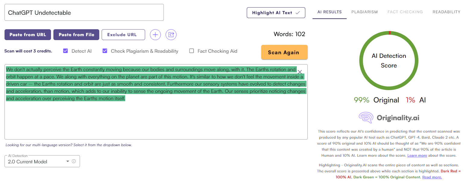 Undetectable AI vs. Originality AI: General Writing Test #3