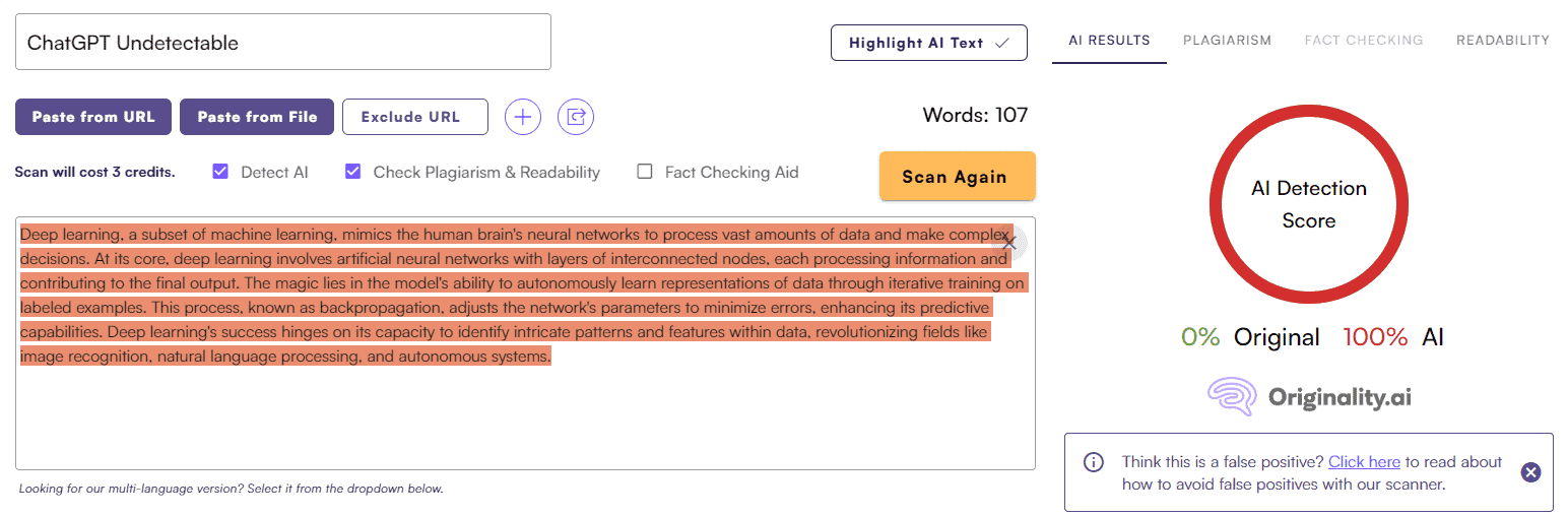 ChatGPT Score vs. Originality AI: Essay Test #1