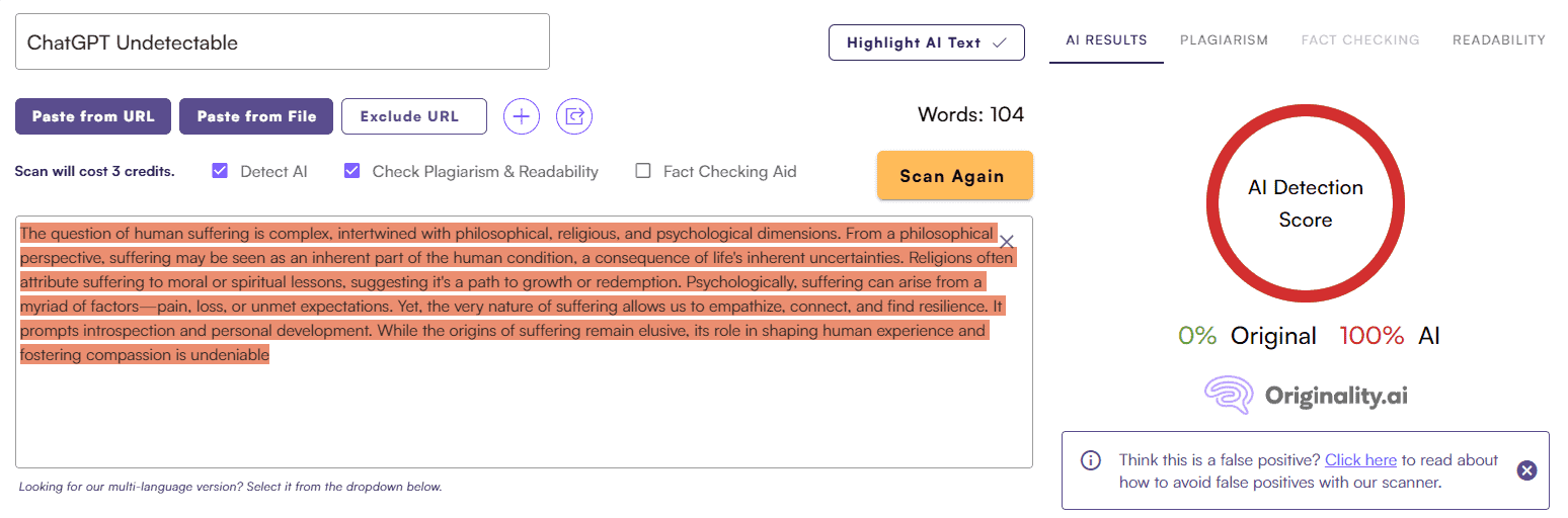 ChatGPT Score vs. Originality AI: Essay Test #2
