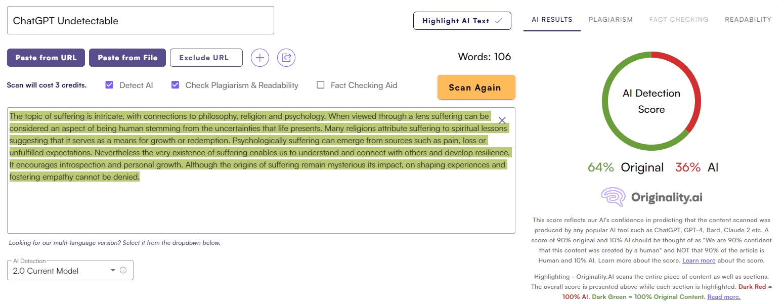 Undetectable AI vs. Originality AI: Essay Test #2
