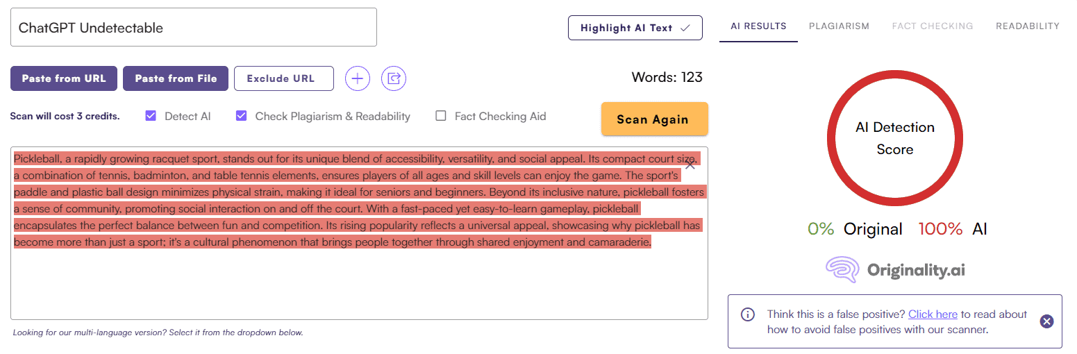 ChatGPT Score vs. Originality AI: Essay Test #3