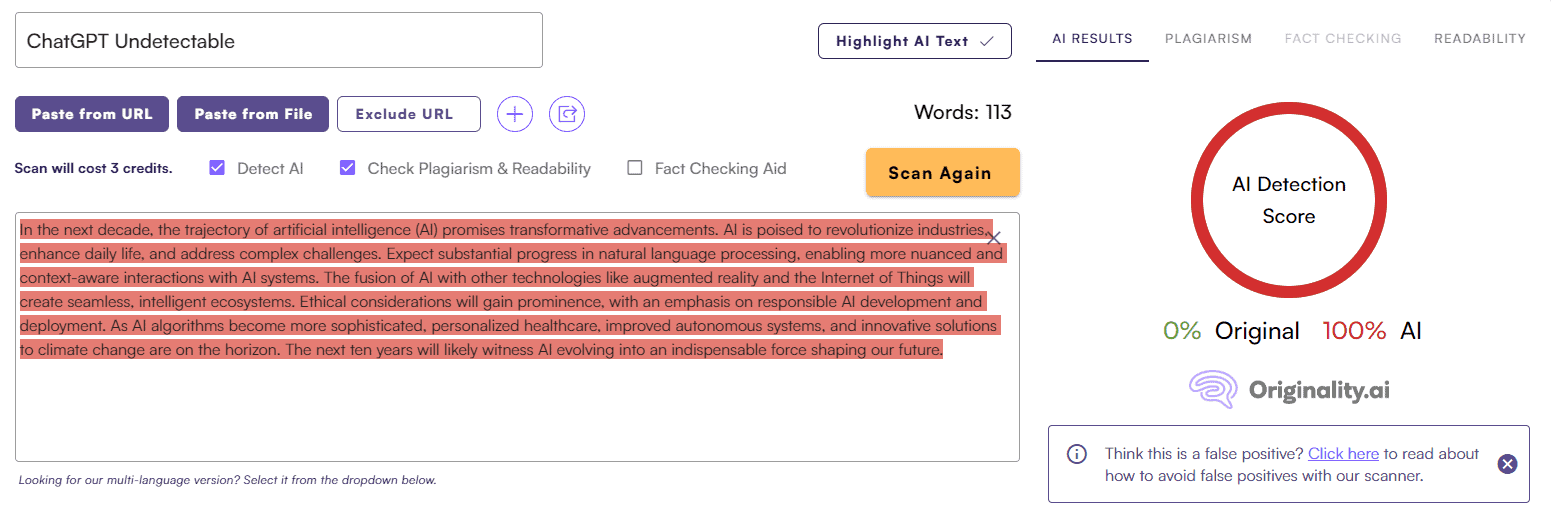 ChatGPT Score vs. Originality AI: Article Test #1