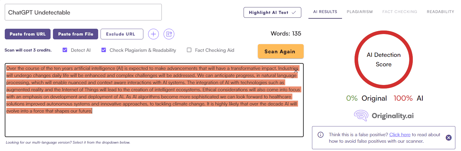 Undetectable AI vs. Originality AI: Article Test #1