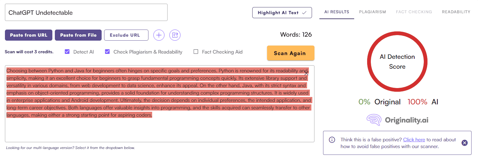 ChatGPT Score vs. Originality AI: Article Test #3