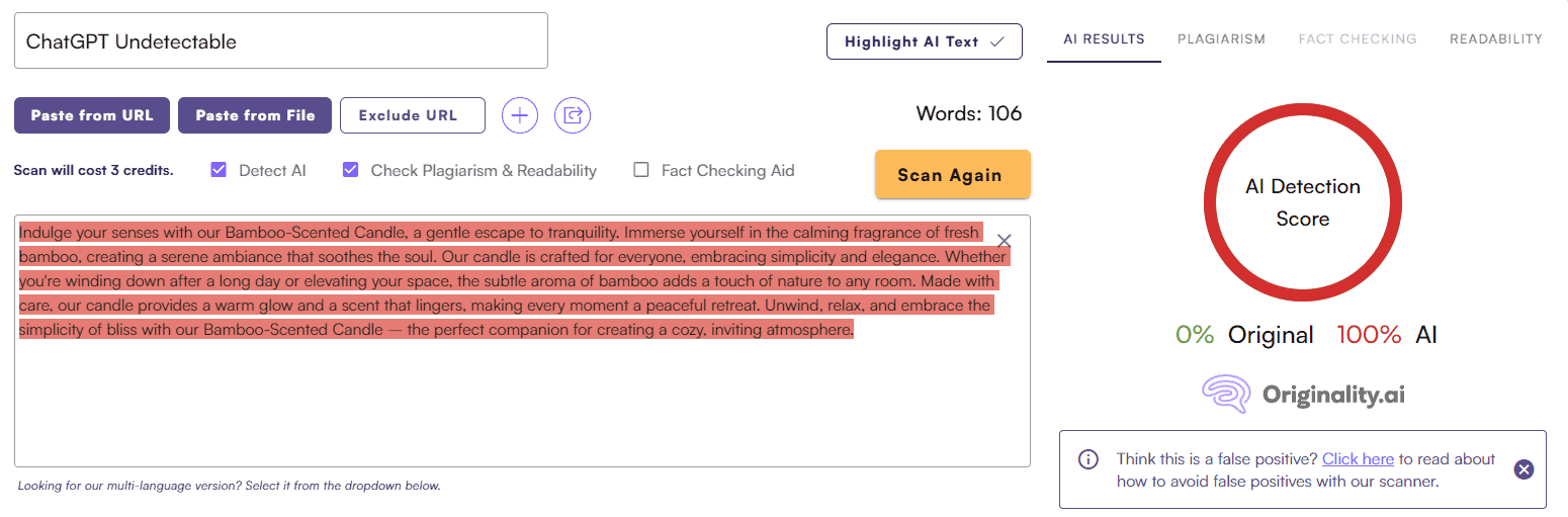 ChatGPT Score vs. Originality AI: Marketing Material Test #1