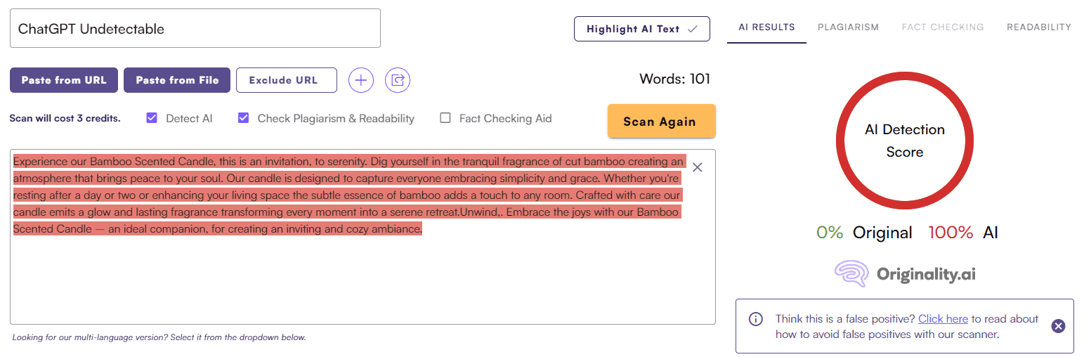 Undetectable AI vs. Originality AI: Marketing Material Test #1