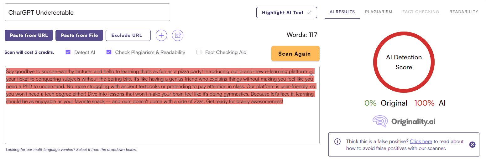 ChatGPT Score vs. Originality AI: Marketing Material Test #2