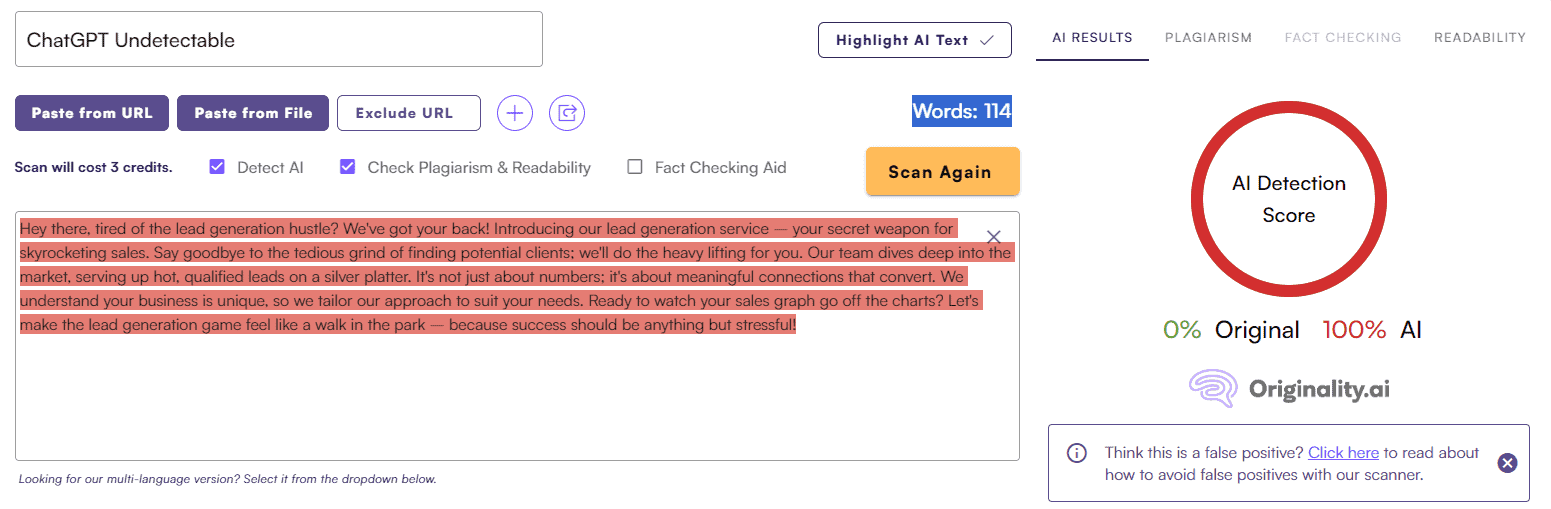 ChatGPT Score vs. Originality AI: Marketing Material Test #3