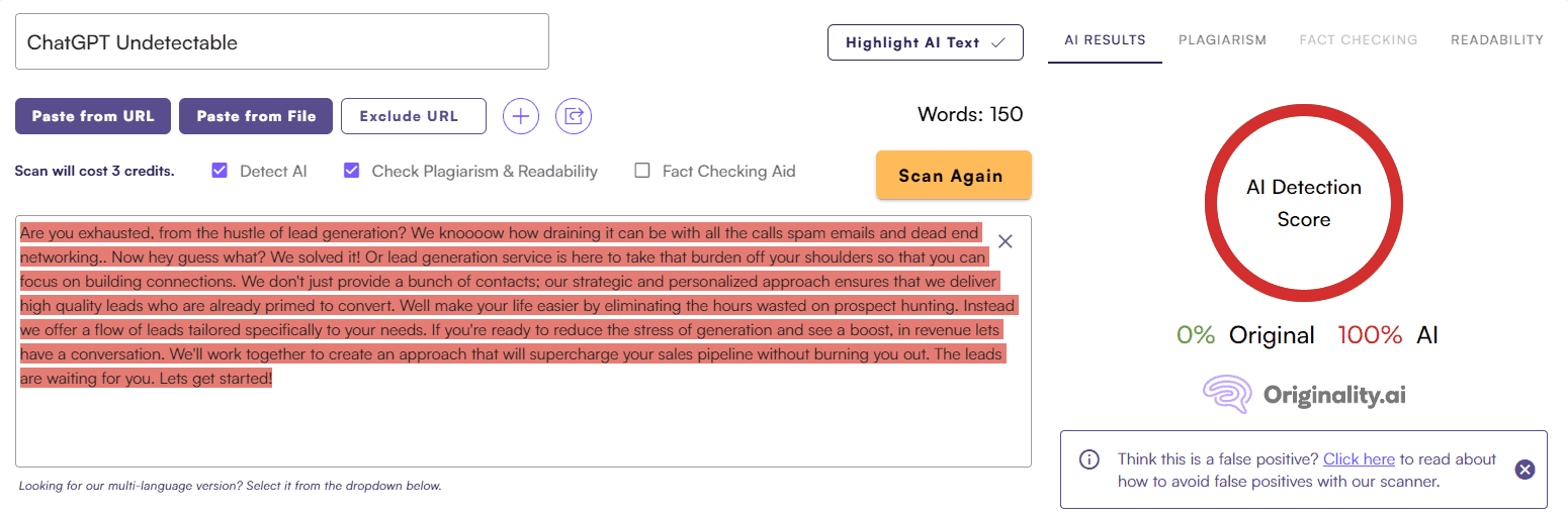 Undetectable AI vs. Originality AI: Marketing Material Test #3