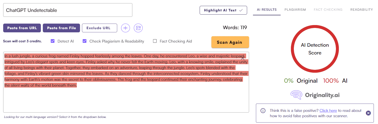 ChatGPT Score vs. Originality AI: Story Test #1