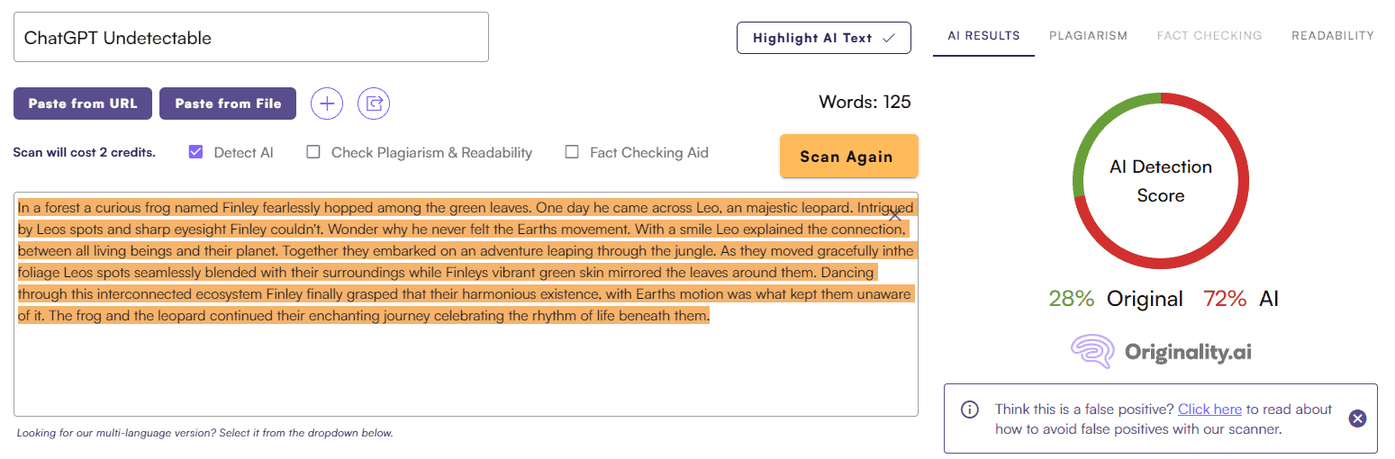 Undetectable AI vs. Originality AI: Story Test #1
