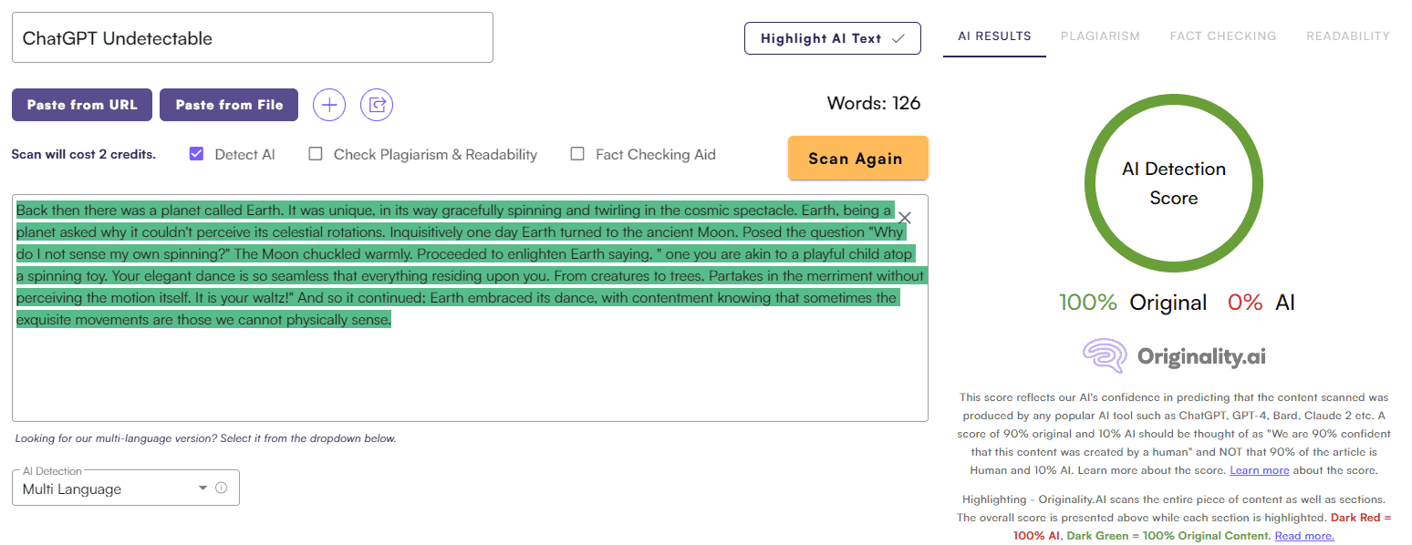 Undetectable AI vs. Originality AI: Story Test #2