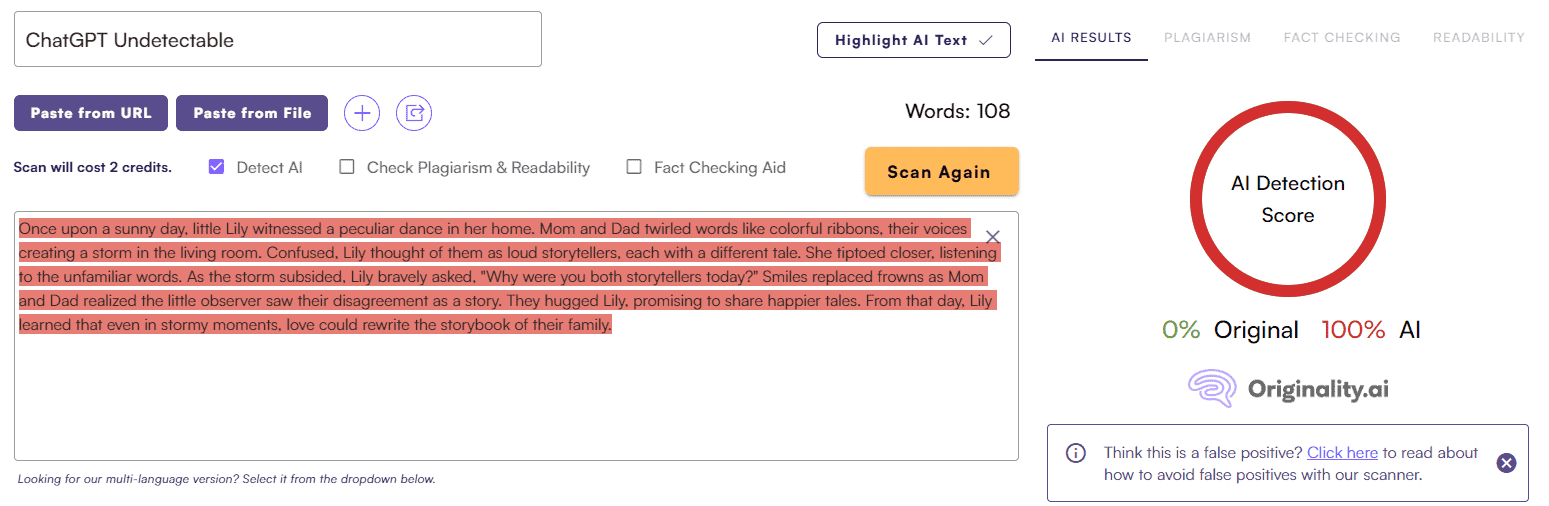 ChatGPT Score vs. Originality AI: Story Test #3
