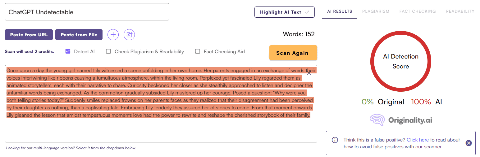 Undetectable AI vs. Originality AI: Story Test #3