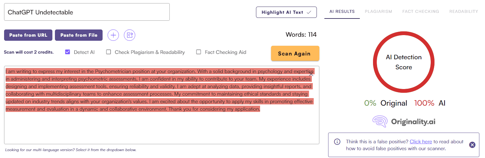 ChatGPT Score vs. Originality AI: Cover Letter Test #1