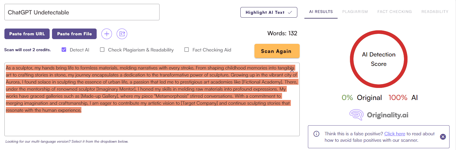 ChatGPT Score vs. Originality AI: Cover Letter Test #2