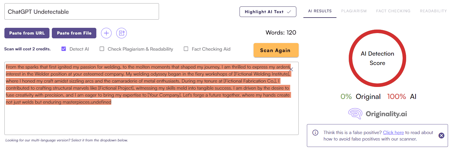 ChatGPT Score vs. Originality AI: Cover Letter Test #3