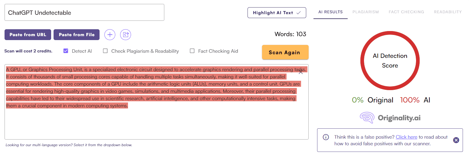 ChatGPT Score vs. Originality AI: General Writing Test #4