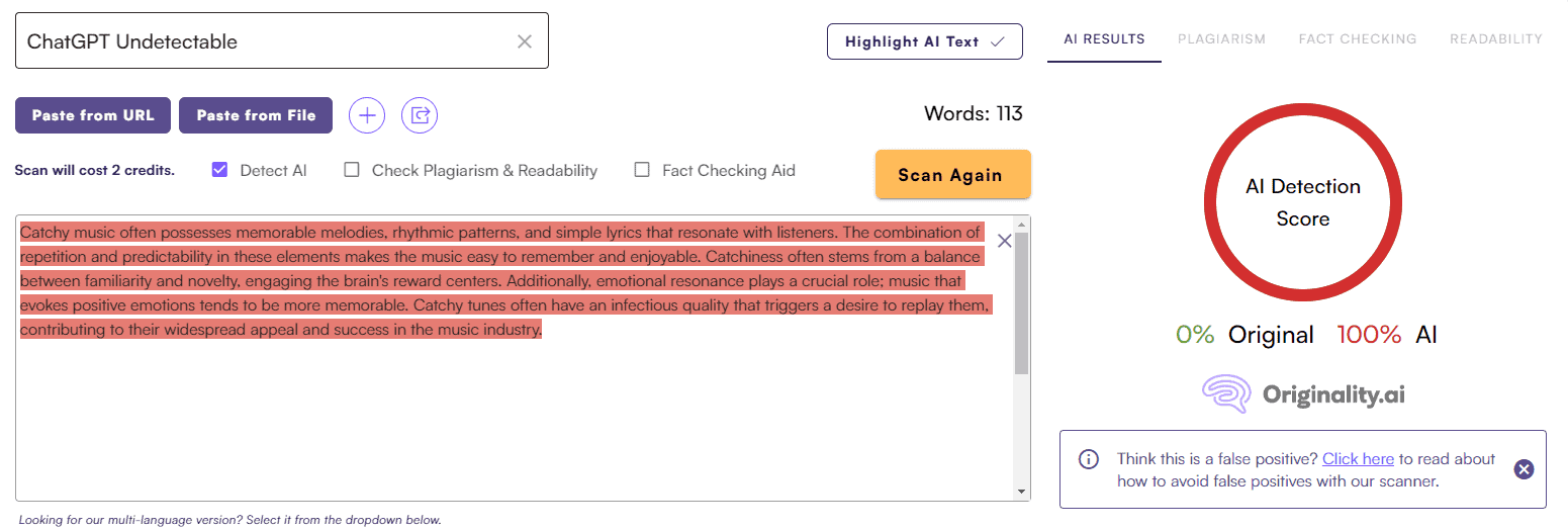 ChatGPT Score vs. Originality AI: General Writing Test #5