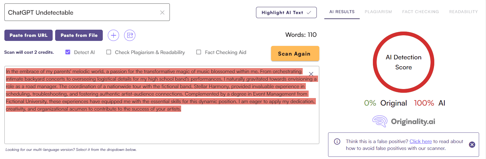 ChatGPT Score vs. Originality AI: Cover Letter Test #4