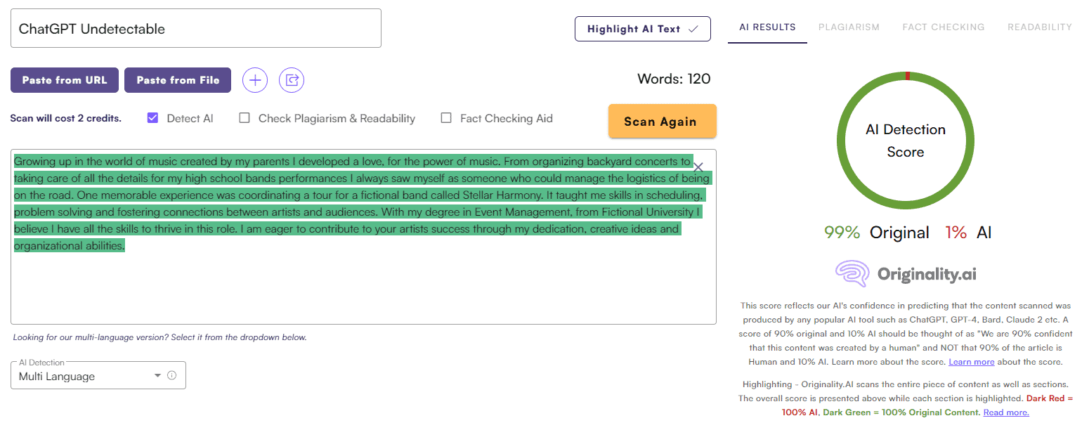 Undetectable AI vs. Originality AI: Cover Letter Test #4