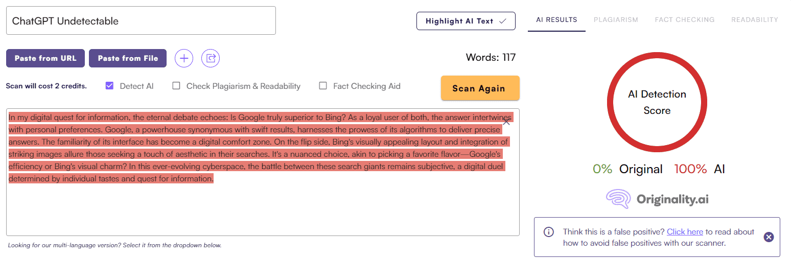 ChatGPT Score vs. Originality AI: Article Test #4