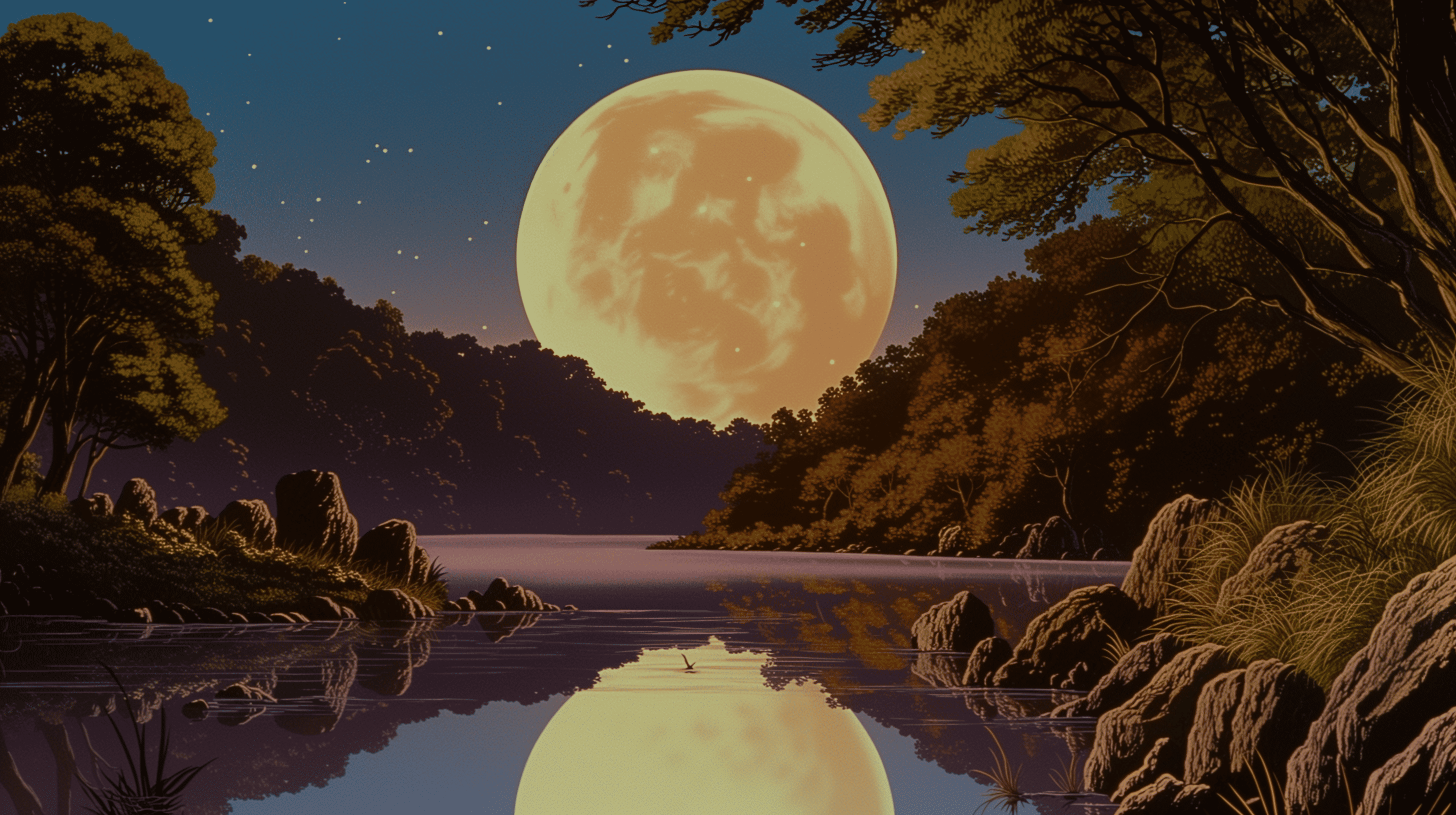 The moon as seen on beautiful lake, symbolizing space and nature, generated with Midjourney