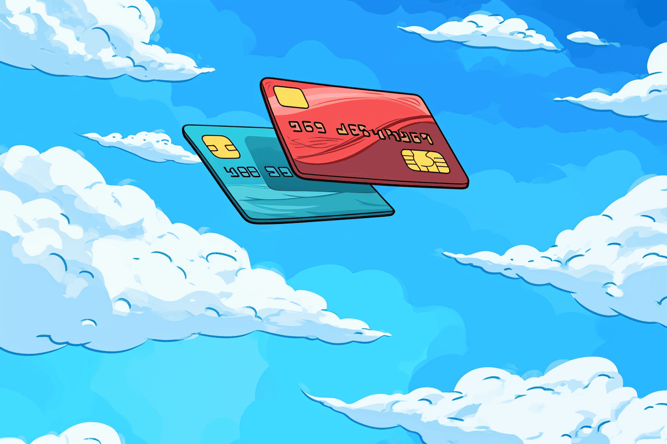 A credit card flying in the skies, made with Midjourney