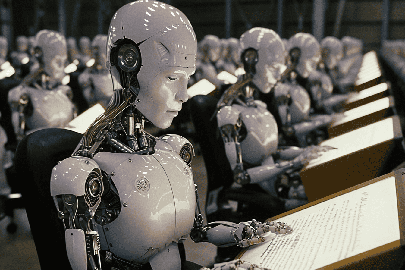 A robot writing the constitution in a room full of other robot politicians, made with Midjourney