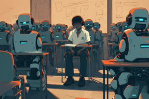 A student sitting in a classroom surrounded by cheating robots, created with Midjourney